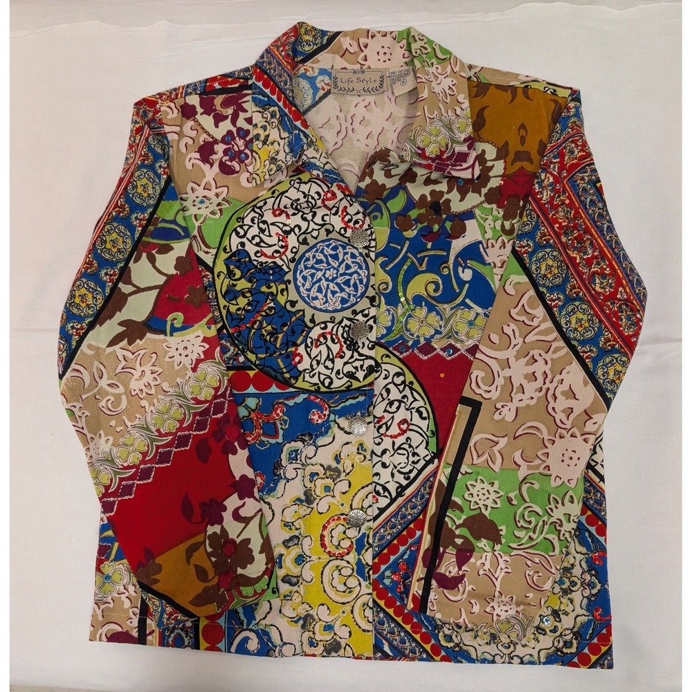 Life Style Boho Patchwork Button Front Shirt Women's Medium Cotton India Sequin
